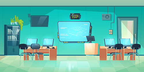 Computer class, empty interior of school, university or college, modern room for studying. Cabinet with desks, computers with formulas on screen, tv display, teacher place, cartoon vector illustration