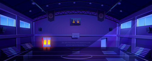Basketball court interior at night, dark sports arena or hall for team games with hoop, scoreboard and empty fan sector seats. Indoor stadium illuminated with moonlight, cartoon vector illustration