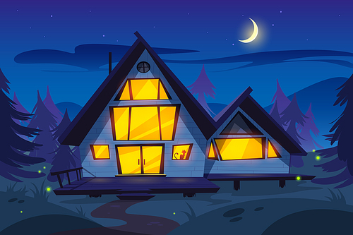 Wooden house in forest at night. Forester cottage. Vector cartoon summer wood landscape with house with glow windows, fireflies, pine trees, moon and stars on sky