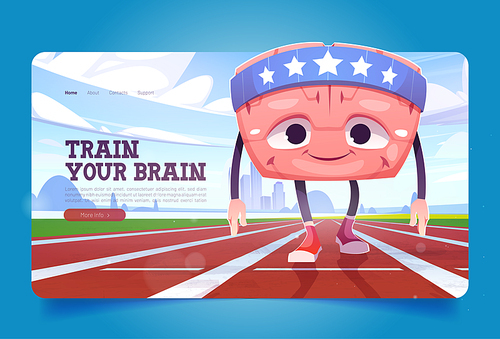 Train brain banner with cute runner character on stadium. Vector landing page of creative exercises for human mind with cartoon illustration of happy brain workout