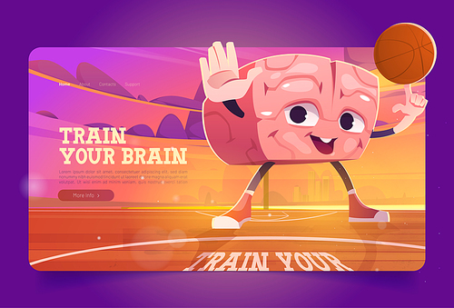 Train your brain banner with cute character with sport ball. Vector landing page of creative exercises for human mind with cartoon illustration of happy brain playing basketball at sunset