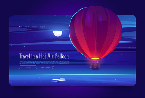 Hot air balloon travel flight cartoon landing page, aerial tourism service, ballon with basket flying above calm ocean surface in night sky with full moon, scenery landscape view, Vector web banner