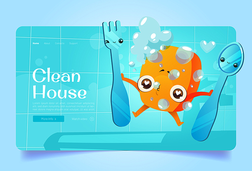 Clean house cartoon landing page, cute cleaning sponge character holding fork and spoon at kitchen tiled wall background and flying foam bubbles. Sanitary tool mascot with funny face Vector web banner