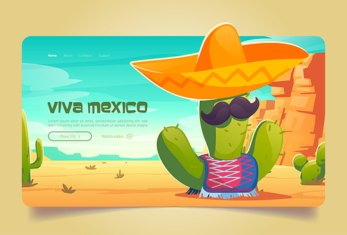 Viva Mexico cartoon landing page, funny Mexican cactus with mustaches in sombrero and poncho at desert landscape. Traditional Latin holiday or fiesta party celebration concept, vector web banner