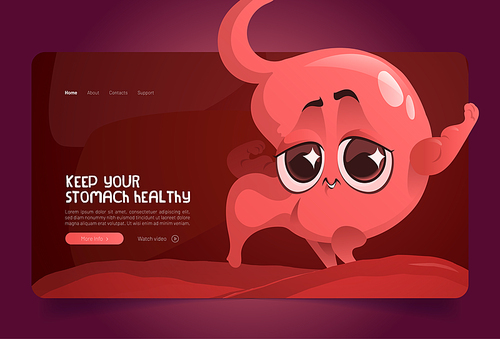 Keep your stomach healthy banner. Concept of digestion system health. Vector landing page with cartoon illustration of happy abdomen organ character showing muscles