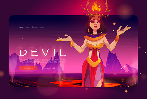 Devil banner with beautiful woman with horns and fire. Vector landing page with fantasy cartoon illustration of hell landscape with hot lava and rocks and girl demon