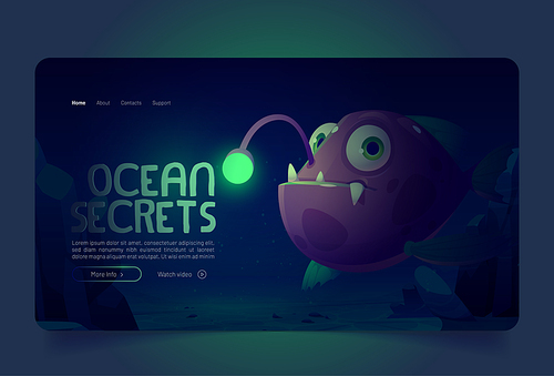 Ocean secrets banner with angler fish under water on bottom. Vector landing page of underwater sea life with cartoon illustration of scary anglerfish with lure and teeth on seafloor