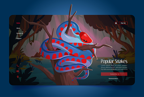 Popular snakes banner with California red-sided garter on tree in forest with pond. Vector landing page with cartoon illustration of jungle landscape with river or swamp and exotic tropical serpent