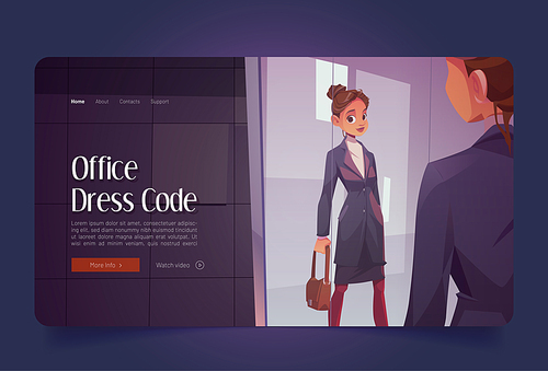Office dress code cartoon landing page. Business woman looking at her reflection in mirror at lobby. Clerk, manager or businesswoman evaluating her attire. Formal clothes fashion, Vector illustration