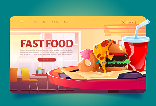 Fast food cartoon landing page, junk meals burger, pizza slice, donut and cola in red cup stand on plastic tray in takeaway fastfood restaurant, cafe or bistro interior, combo menu Vector web banner