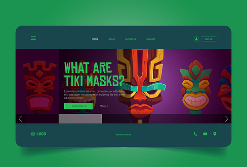 What are tiki masks cartoon landing page, tribal wooden totems, hawaiian, african or polynesian cultural attributes, scary faces with toothy mouth, decorated ancient wood disguise Vector web banner