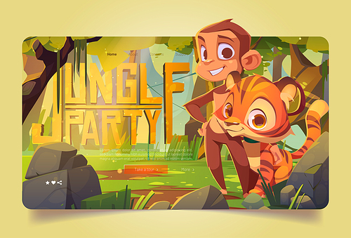 Jungle party banner with cute monkey and tiger stand together on glade. Vector landing page with cartoon rainforest landscape with green trees, stones and funny wild animals