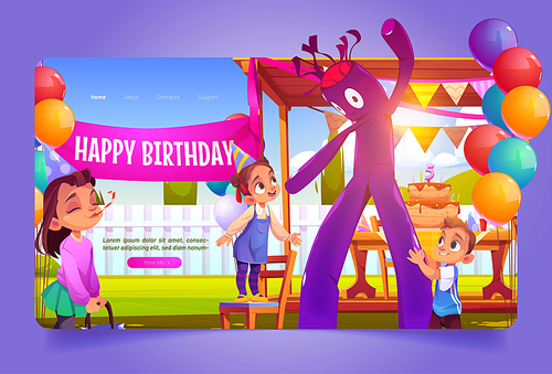 Birthday party decoration with inflatable tube man, tent, cake on table and balloons on backyard. Kids celebrate anniversary. Vector banner with cartoon illustration of happy children and air dancer