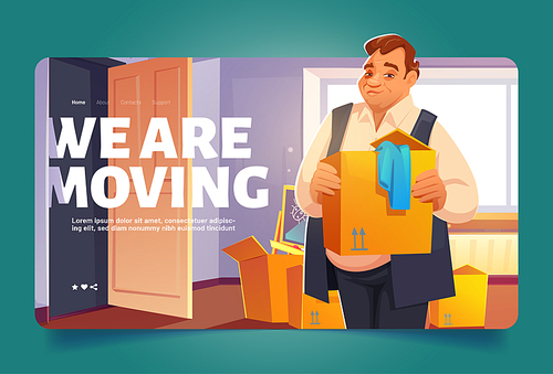 We are moving banner with man holding cardboard box. Vector landing page of house relocation, move service with cartoon illustration of room with carton boxes and character carrying cargo