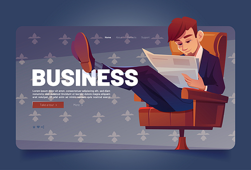 Business man read newspaper cartoon landing page. Businessman sitting on chair reading finance news with cross legs lying on desk. Boss in formal suit work with publication press, Vector web banner