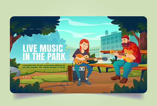Live music in park banner. People with acoustic and electric guitars perform outdoor. Vector landing page of open air concert with cartoon illustration of musicians play in summer public garden