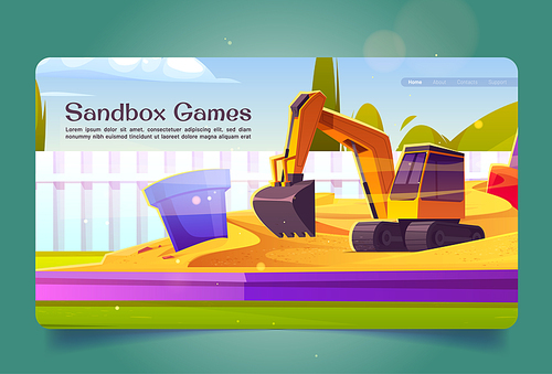 Sandbox games banner with excavator toy and bucket in sand pile. Vector landing page with cartoon illustration of summer playground on backyard or park for kids play
