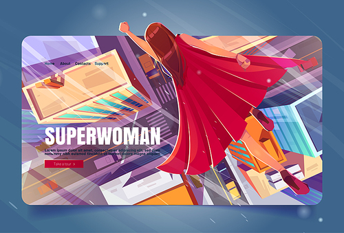 Superwoman cartoon landing page, super hero girl in red cape flying with raised hand in sky above modern city. Powerful female character ready for feat, comic personage flight, Vector web banner