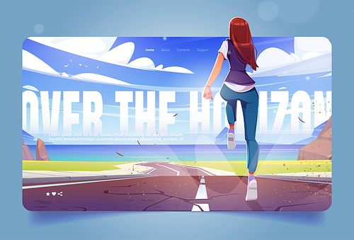 Woman runs on road to sea beach. Concept of reach goals in career and life. Vector landing page with slogan Over the horizon and cartoon illustration of running girl and sea coast landscape