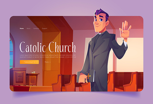 Catholic church banner with pastor holding holy bible. Vector landing page with cartoon cathedral interior with altar, wooden benches and man priest in black robe