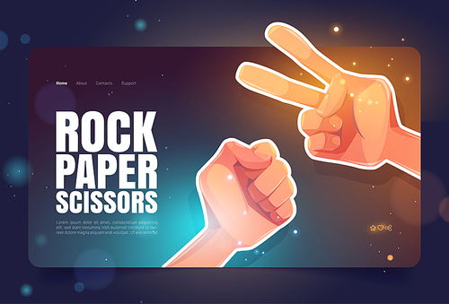 Rock, paper, scissors banner with hands in fist and victory symbol. Vector landing page of hand gesture game with cartoon illustration of human arms playing in gesturing game