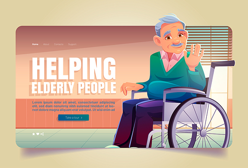 helping elderly people banner. concept of help old persons, aid and care for senior people. vector landing page with cartoon illustration of retired man sitting in .