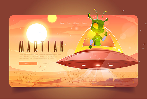 Martian cartoon landing page. Cute alien in ufo on Mars red planet landscape. Extraterrestrial comer with green skin sit in saucer show victory gesture. Fantastic space character, Vector web banner