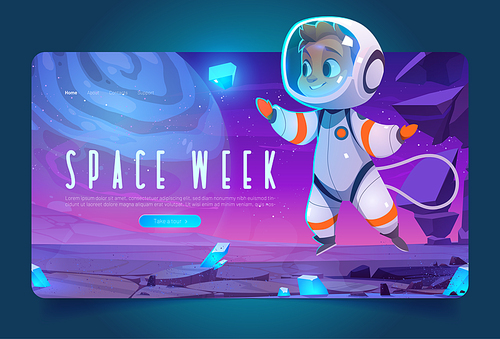 World space week banner with cute spaceman in cosmos. Vector landing page of international event with cartoon illustration of boy astronaut in spacesuit on alien planet
