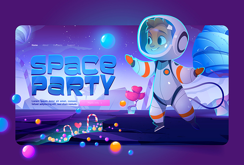 Space party banner with cute spaceman in sweet world. Vector landing page with cartoon illustration of candy planet landscape with caramel trees, lollipops and happy boy astronaut in spacesuit