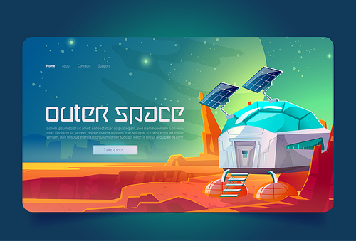 Outer space cartoon landing page, scientific station on alien planet surface. Cosmos colonization, bunker, science laboratory building at fantasy landscape background, computer game, vector web banner