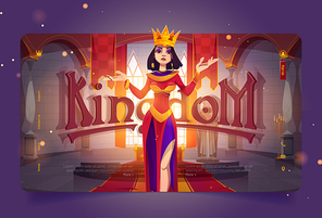 Kingdom banner with queen in medieval castle. Vector landing page with cartoon illustration of beautiful proud woman in gold crown and royal palace interior with king throne, red carpet and flags