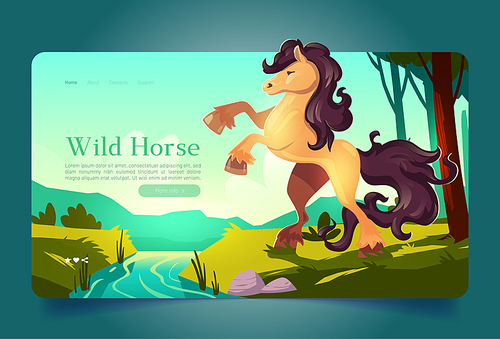 Wild horse in forest landscape cartoon landing page. Beautiful animal rears up at on the bank of stream at summer wood background with green trees, grass and mountains, fairytale Vector web banner