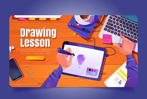 Drawing lesson banner with top view of wooden desk with graphic tablet and man hands with stylus. Vector landing page of online creative education with cartoon illustration of designer workplace
