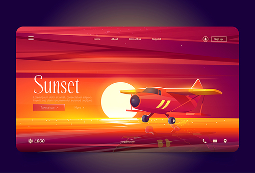 Red airplane fly over water at sunset. Vector landing page of flights with cartoon illustration of evening landscape with lake, sea or river, sun on horizon and biplane in air