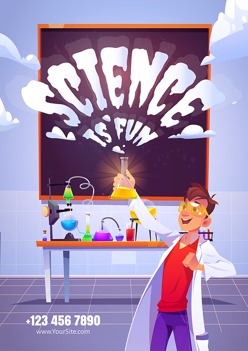 Science is fun cartoon poster with happy chemist holding glass flask, doing research test in chemical laboratory with scientific equipment, tubes, beakers, blackboard on wall, Vector illustration