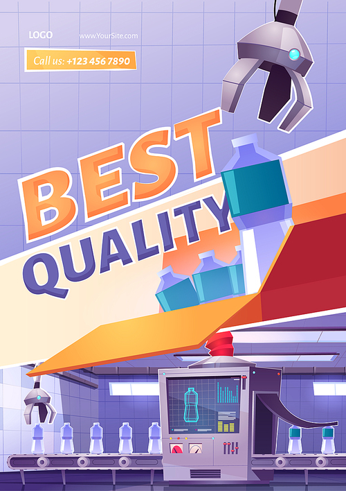 Best product quality cartoon ad poster. Factory conveyor belt with water bottles and robotic arms pour aqua in plastic containers at transporter production line. Manufacture, automation, vector promo