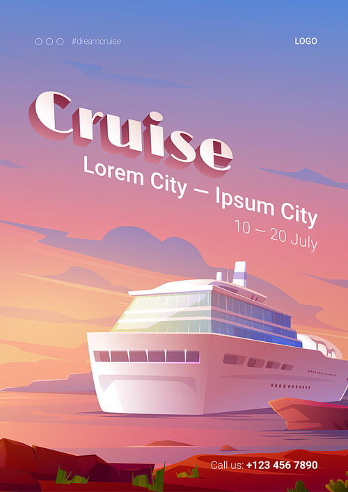 Summer cruise poster with ship in ocean at sunset. Vector flyer with cartoon illustration of tropical sea with passenger cruise liner in harbor and pink evening sky