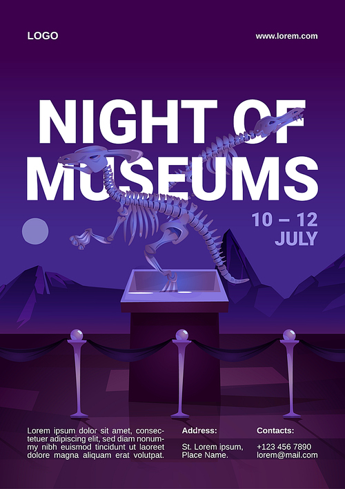 Night of museums cartoon flyer with dinosaur fossil bones exhibit. Invitation to exhibition with dino skeletons. Prehistoric animals of jurassic ages, paleontology, archaeology science vector poster