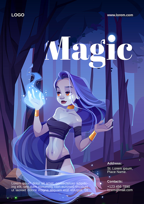 Cartoon poster with magic woman, nymph looking on wizard fire on hand. Beautiful witch wear loincloth and top, wrapped into long hair admire of magical sparkling blaze at night, vector illustration