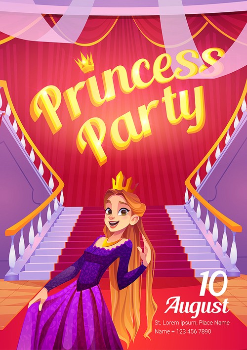 Princess party poster with cute girl in vintage dress and gold crown. Vector flyer with invite to birthday celebration. Cartoon illustration of happy young woman in queen costume in castle hall