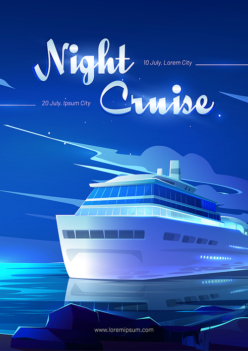 Night cruise on sea liner cartoon flyer, invitation for booking ticket on modern ship travel in ocean, marine journey on luxury sailboat at tropical land, voyage on passenger vessel Vector poster