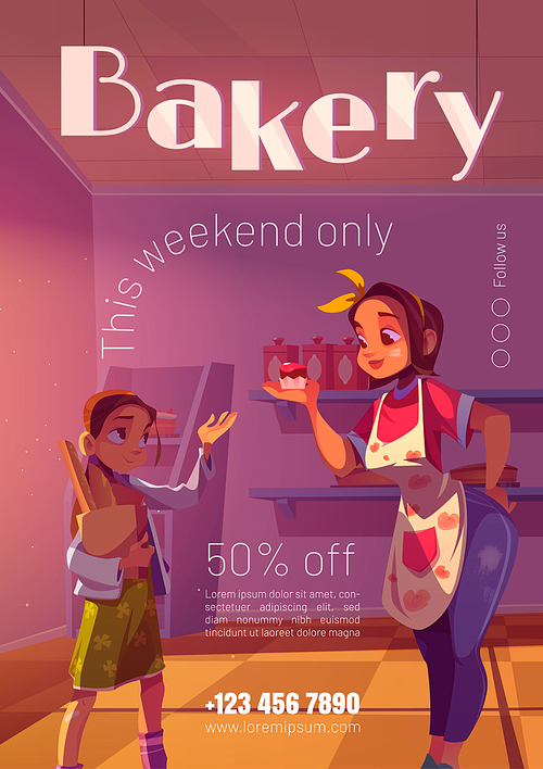 Bakery poster with special offer. Vector flyer of pastry store with cartoon illustration of bakery shop with cakes on shelves, woman chef in apron hold chocolate cupcake and girl with bread in bag in