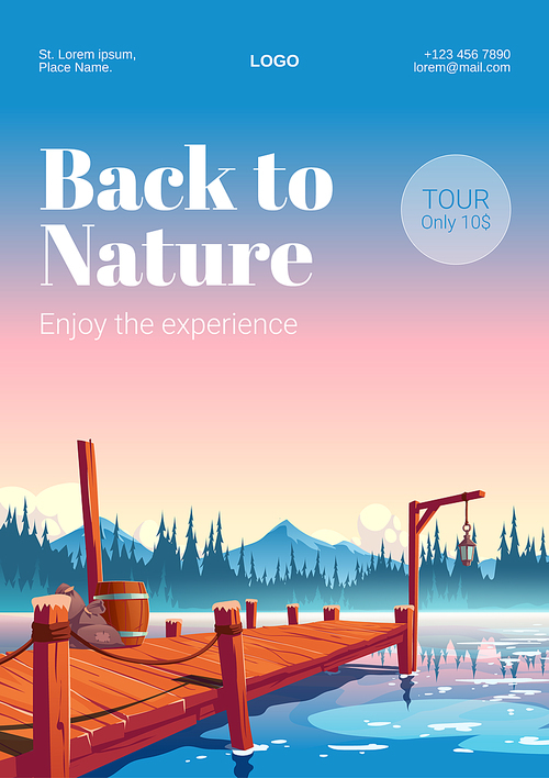 Wooden pier on river or lake with forest and mountains on horizon. Rest at nature, travel tour poster. Vector flyer with cartoon landscape of sea with wharf for fishing at dawn or sunset