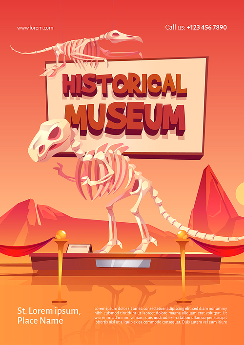 Poster of historical museum with dinosaur skeletons. Vector cartoon illustration of prehistoric exhibits, fossil extinct animals and archaeology finds. Flyer template of exhibition