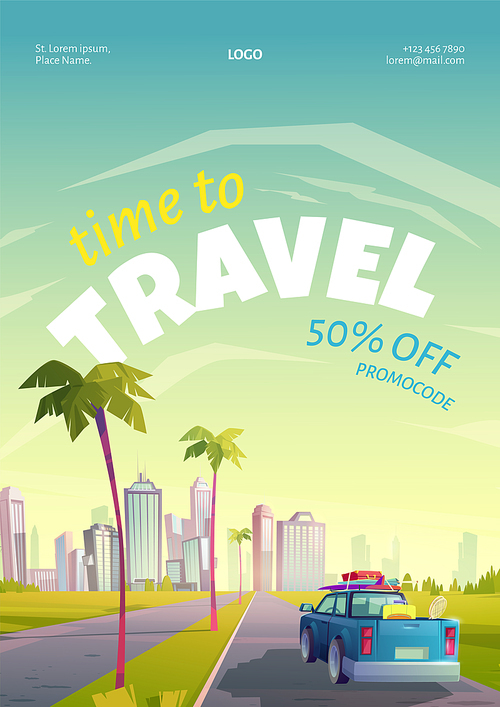 Travel  with summer landscape, town and car with luggage on road. Vector flyer with promocode for vacation trip. Cartoon illustration of tropical city with skyscrapers and palm trees