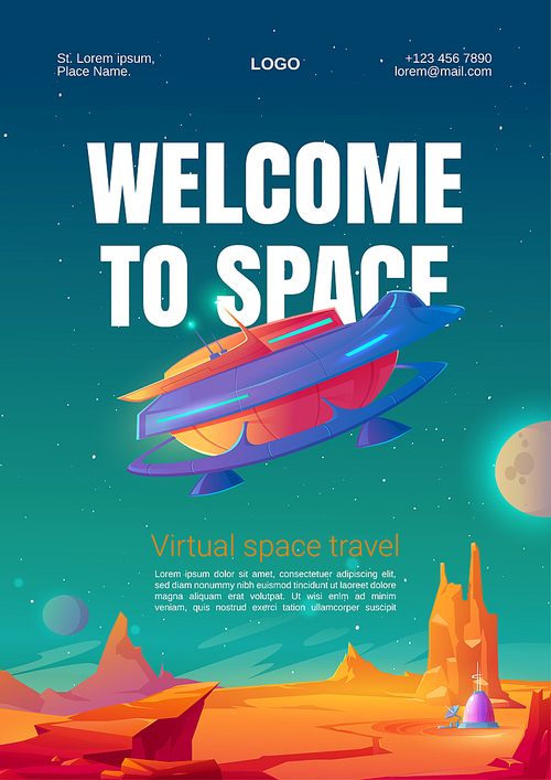Virtual space travel flyer. VR technologies, augmented reality with alien planets and outer space. Vector poster with cartoon landscape of Mars surface with colony base and spacecraft
