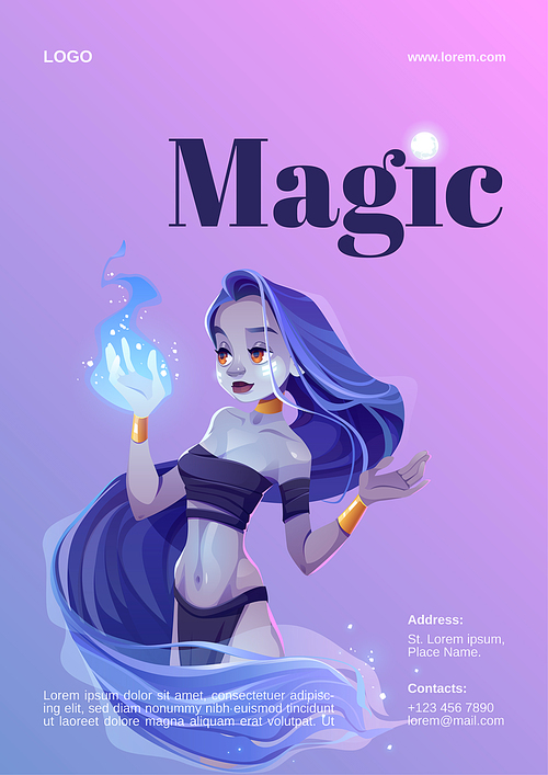 Magic show poster with mystic girl hold blue fire on hand. Vector flyer with cartoon illustration of fairytale wizard or genie woman with long hair and gold jewelry. Banner of magical performance