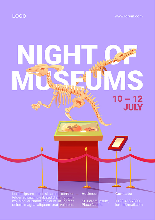 Night of museums poster. International event for remain open late into night exhibitions. Vector cartoon illustration of prehistoric exhibits, dinosaur skeleton and fossil extinct animals