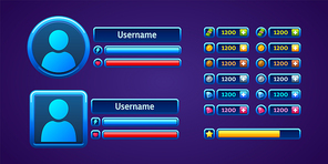 user profile ui game elements with avatar, bars and icons in round and square blue s. vector cartoon set of game design interface for display health, power and assets