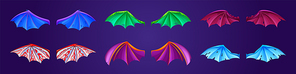 Dragon wings different colors isolated on . Vector cartoon set of cute leather wings of bat, fantasy animal or monster, fairy tale flying creature, devil or vampire
